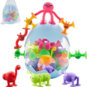 Suction Toys, 40Pcs Kids Bath Toys Sensory Sucker Toys, Baby Animal Shape Stress Release Travel Winodow Toys, Toddler Shower Gift with Storage Net Bag for 3 4 5 Years Old Boys Girls