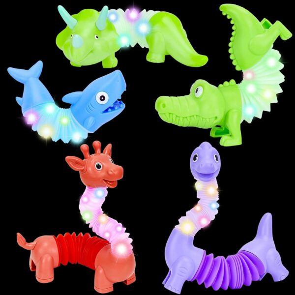 Dreamtop 5 Pcs Animal Pop Tubes Fidget Toy Light Up Sensory Tubes for Toddlers Fidget Tubes Sensory Toys for Autism Stress Relief Toys for Autism Kids