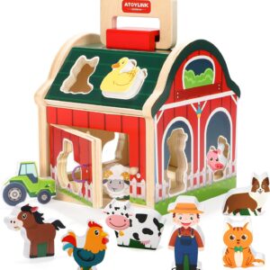 Montessori Toys for 1 2 3 Year Old Wooden Farm Take Along Shape Sorter Toys Matching Sorting Barn Farm Animals Playset Early Development Learning Toys Preschool Gifts for Baby Toddlers Boys Girls