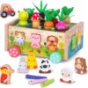 KMTJT Montessori Wooden Toddler Toys for 1 2 3 Years Old Boys Girls, Shape Sorting Toys First Birthday Gifts for 1-2 Years, Wood Animal Farm Car Preschool Educational Fine Motor Skills Toy