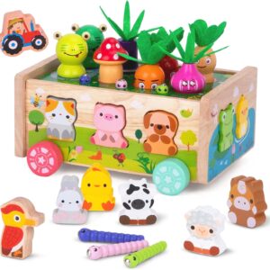 KMTJT Montessori Wooden Toddler Toys for 1 2 3 Years Old Boys Girls, Shape Sorting Toys First Birthday Gifts for 1-2 Years, Wood Animal Farm Car Preschool Educational Fine Motor Skills Toy