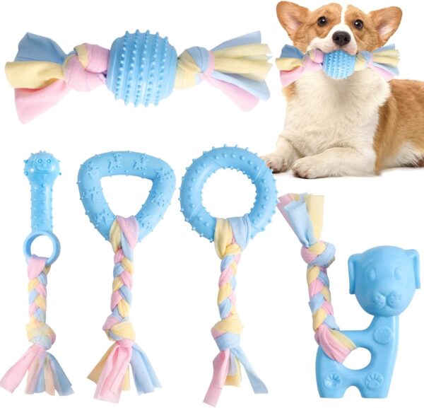 FUYOAL Puppy Dog Teething Toys, 5 Pieces Puppy Dog Chew Toys with Ball and Colorful Ropes Rubber Dog Toys Durable for Small Puppies and Medium Dogs(Blue)