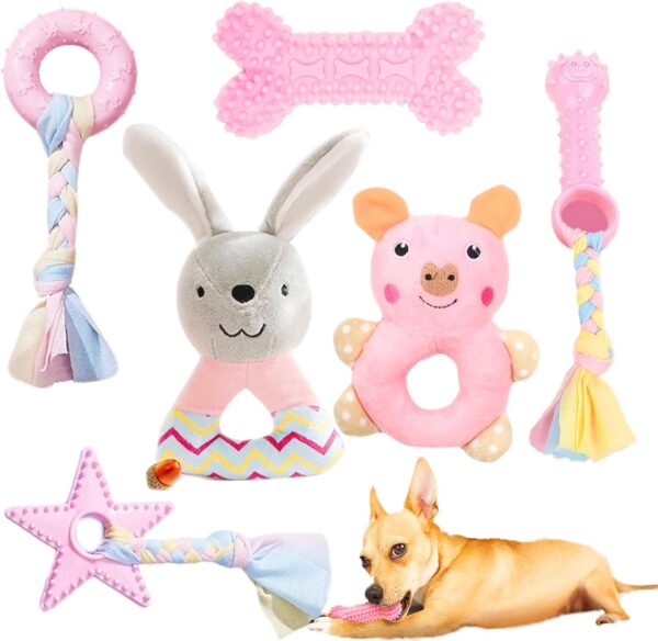 HRTTSY 6 Pack Puppy Teething Toys Small Dog Chew Toy Set Cute Chewing Rubber Toys Soft Plush Squeaky Dog Toys Release Anxiety Cleaning Teeth Interactive Puppy Toys for Girl Puppies (Pink)