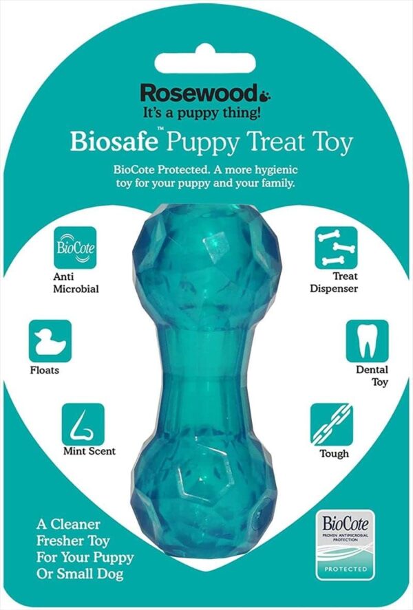 Rosewood tough puppy toy dumbbell shaped treat dispenser dog toy for small dogs and puppies made of tough material, mint scented, blue