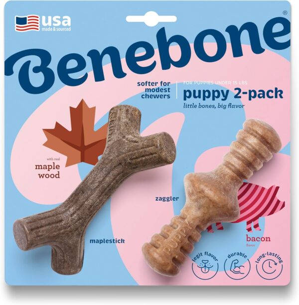 Benebone Puppy Tiny 2-Pack Indestructible Maplestick/Zaggler for Aggressive Chewers, Long Lasting Teething Boredom Breaker for Puppies, Real Bacon/Maple Wood Flavour, For XS Dogs, Made in the USA.