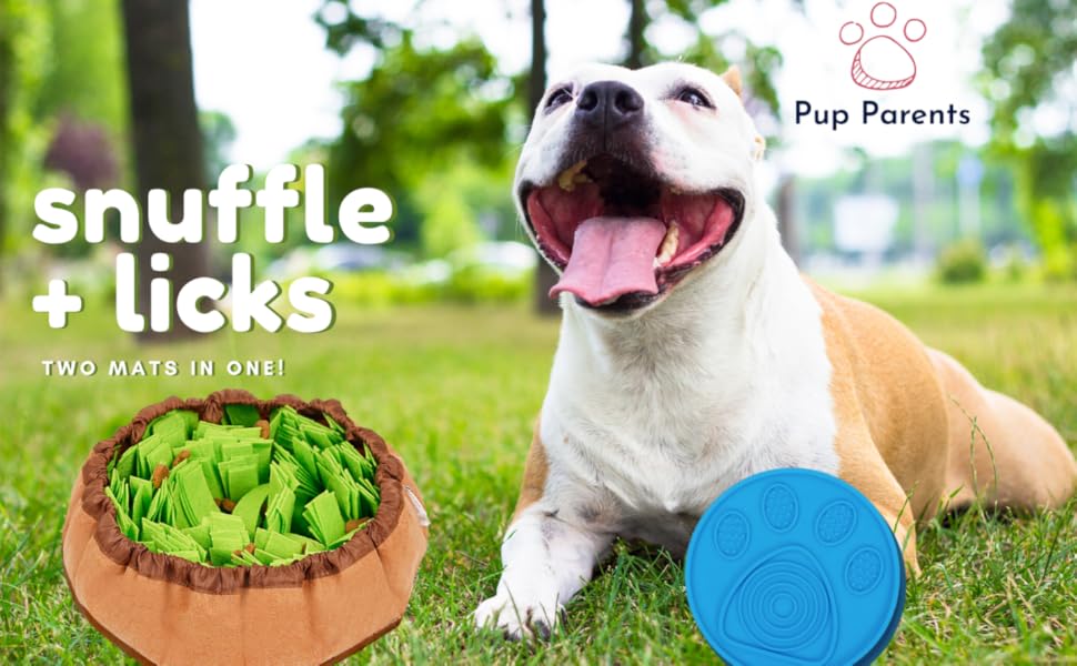 bull dog sitting panting on grass with his felt snuffle mat and silicone lick mat