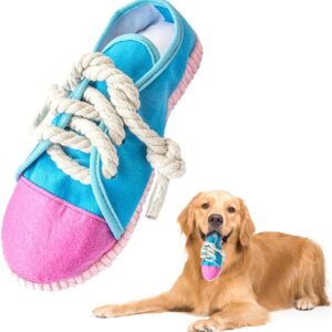 WOSO Dog Toy Shoe, Durable Dog Chew Toy Safe Squeaky Dog Playing Toy Funny Shoe Toy Interactive Dog Shoe Toy Washable Small Puppy Toys Bite Resiatant Toy for Small and Medium Dogs (Blue and Pink)