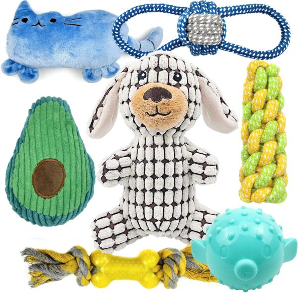 Sundrawy Small Dog Toys Squeak Stuffed Plush Cuddly Puppy Toy Interactive Play Balls Ropes for Chewing and Teething Selection of Pet Toys Kit Gift Packs (Plaid Kit)