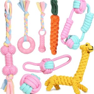 JYPS Puppy Dog Chew Toys, 8pcs Dog Toy Set Teething Training, Chewing Toys for Aggressive Chewers, Interactive Pink Dog Rope and ball Toys Gift Xmas for 8 Weeks Small Puppies, Medium and Large Dogs