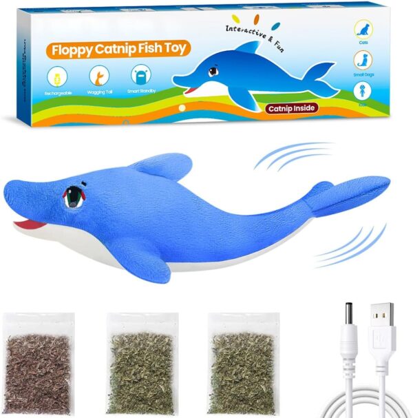 Floppy Fish Cat Catnip Toys, Flapping Interactive Electric Kitten Toy for Indoor Cats Chew, Moving Fish Kicker Toy Realistic with USB Charger, Simulation Automatically Wagging Tail (Dolphin)1