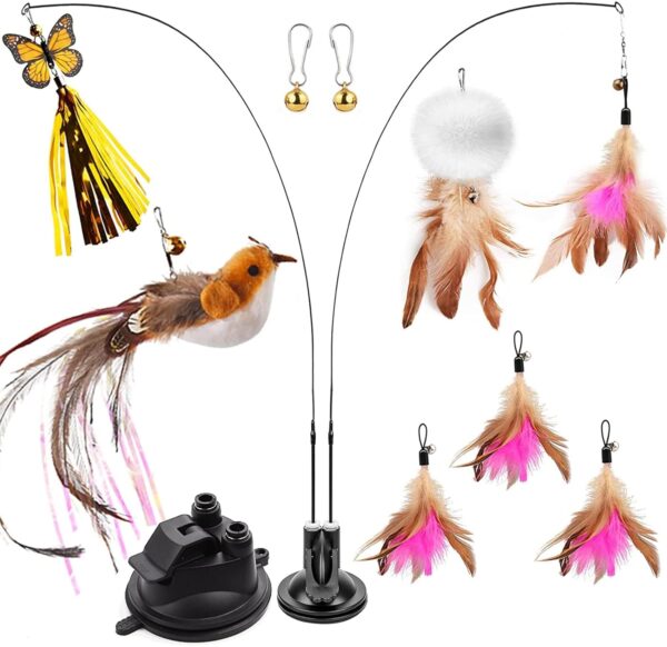 Cat Toys,Cat Toys for Indoor Cats Training,Cat Feather Toys with 2 Teaser Wand,Interactive Cat Toy with Super Suction Cup for Kitten and Adult 11Pcs (Pink)