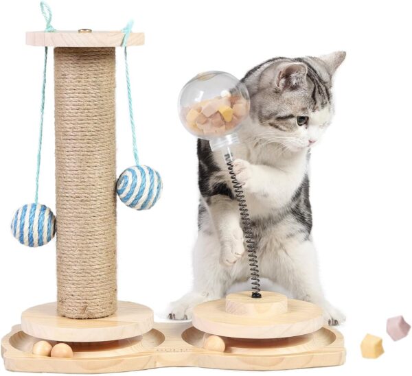 Marchul 4 in1 Interactive Cat Toy, Cat Scratching Post with Hanging Ball, Cat Food Treat Toy for Indoor Cats and Kittens with Wooden Track Balls, Kitten Sisal Scratcher Toy with Cat Treat Dispenser