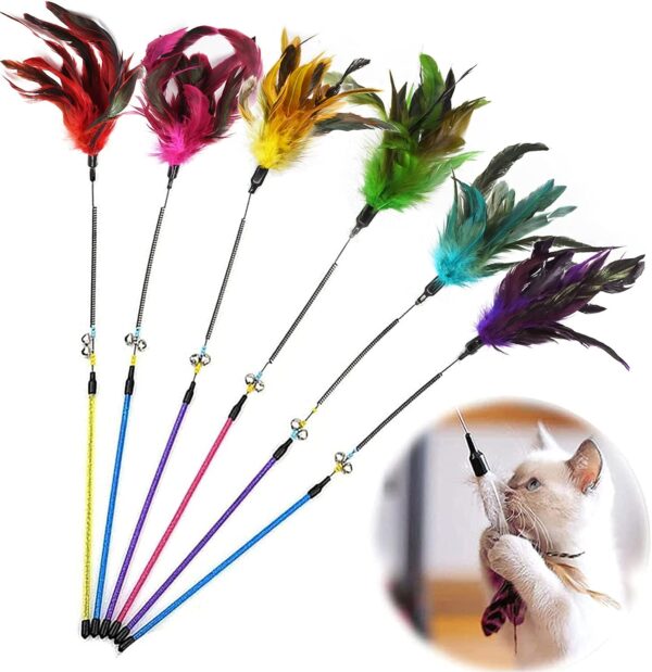 GingerUPer Cat Toy Feather Cat Toy Feather Wand Cat Pet Toy Wire Chaser Wand Teaser Feather With Bell,Cat Toys for Indoor Cats Kitten Interactive Training (6 Pack)