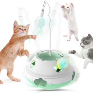 Pawaboo Interactive Cat Toy for Indoor Cats, 3 in 1 Automatic Cat Toy Wand with Bird Chirping, Colorful LED Lights, Slowly Leaking Food Holes,Retractable Feathers,Cat Teasing Stick,Electric Kitty Toys