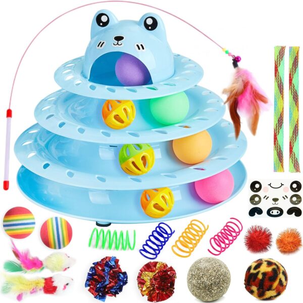 Suhaco 26 PCS Cat Toys for Indoor Kitten, Cat Interactive Roller 4 Level Track Kitty Toys with 4 Colorful Balls, Self Play Cat Ball Toys Frather Wand Pet Toys for Boredom (Blue)