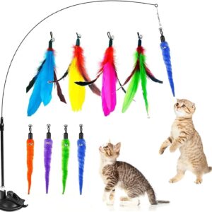 SDZHDMO 8Pcs Cat Feather Toys Interactive Cat Toys Cat Teaser Wand with Suction Cup Detachable Feather Replacements Wand Cat Feather Toys for Indoor Cats Kitten Toys