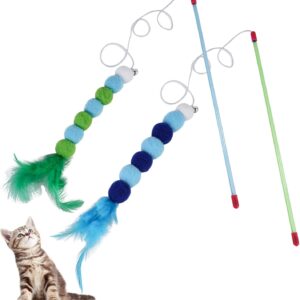 Andiker Cat Feather Toys, 2PCS Cat Wand Toys with Bell and Plush Balls, Colourful Interactive Kitten Teaser Toy for Cat Indoor Playing Exercising Training (Blue + Green)