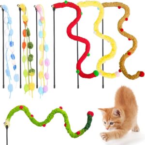 AVYDIIF 7 Pcs Cat Interactive Toys with Wand Plush, Cat Teaser Wand String Kitten Colorful Rope Toys for Most Indoor Adult Cats Kitty Kitten to Chase and Exercise with Strong Sturdy Pole with Bells