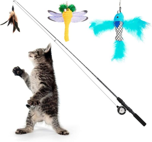 Pawaboo Cat Feather Toys, 4 Pack Interactive Cat feather Teaser Wand Toys, Retractable Fishing Pole Wand Catcher Exerciser with Refill Fish, Dragonfly Worm with Bells, Fun Cat Kitten Kitty Playing Toy