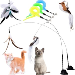 Cat Feather Toy Cat Toy with 2 Suction Cup, Intelligence Toy for Cats, Interactive Cat Teaser Wand with Birds Bells and Feather, 7 Refills