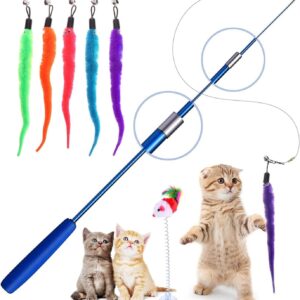 BNGGOGO Retractable Cat Toys Wand with 5 Piece Teaser Refills, Interactive Cat Feather Toy for Cat Kitten Having Fun Exerciser Playing (Blue)