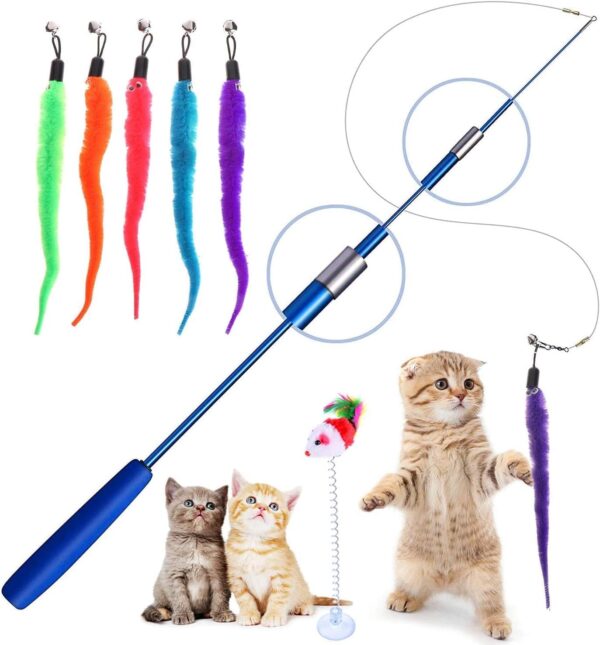 BNGGOGO Retractable Cat Toys Wand with 5 Piece Teaser Refills, Interactive Cat Feather Toy for Cat Kitten Having Fun Exerciser Playing (Blue)