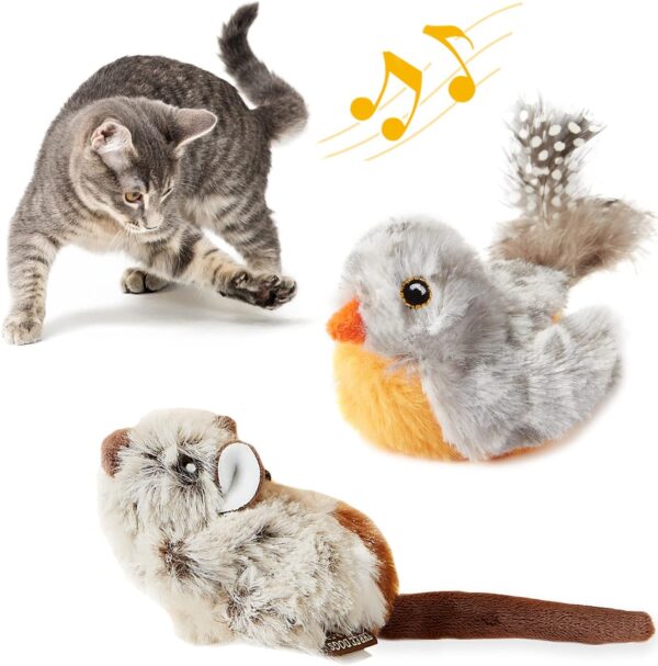 Suhaco Cat Toys for Indoor Cats Feather Squeaky Bird & Mouse Kitten Toys Set, Three Dogs & A Cat Melody Motion Activated Chirping Kitty Toys Interactive Plush Cat Toys for Boredom (2 Pack)