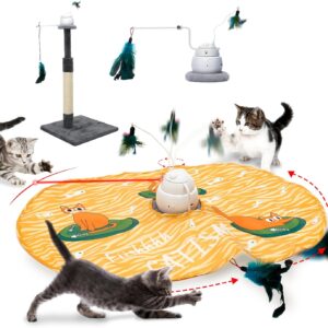 CATISM Interactive Cat Toys Indoor 5 IN 1 Automatic Cat Toy Electronic Smart Kitten Teaser Toy with 5 Feather 2 Trackball USB Rechargeable Green