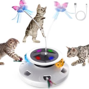 PUHOHUN Cat Toys for Indoor Cats, 3 in 1 Interactive Cat Toy with USB Charging, Automatic Rotating Butterfly and Feather Teasers, Adult Kitten Toy with 2 Attachments