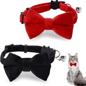 2 Pcs Velvet Bowtie Cat Collar with Bell cat bow tie, Adjustable Kitten Collar Bow Tie Dog Collars kitten collar Quick Release Safety Collars for Puppy Kitten Supplies Red+Black