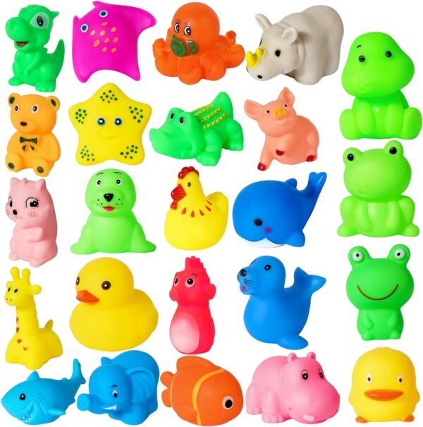 24PCS Zoo&Sea Animals Baby Bath Toys, 24 Pack Assorted Squeezeable Sound Toys, Animal Bulk Toys for Toddlers Boys Girls Baby Floating Tub Toys for Bathroom Swimming Pool,Small Cute Duck/Fish/Frog