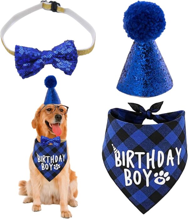 3pcs Dog Birthday Party Supplies Plaid Dog Birthday Bandana Boy Scarf And Reusable Dog Birthday Hat Bow Tie Pets Birthday Party Supplies Birthday Outfit For Cat And Dog Decoration