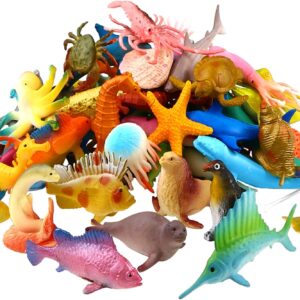 52 Pack Mini Ocean Animal Toy Set, Assorted Plastic Sea Figure Bath Toy, Vinyl Realistic Under The Sea Life Figure,for Child Educational Party Cake Cupcake Topper,Octopus Shark Otter