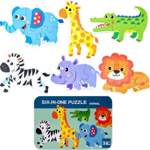 6 Pack Wooden Jigsaw Puzzles for kids 3-6 Year Old, with Iron Box, Animals Puzzles Vehicle Jigsaw, Toddler Children Learning Educational Puzzles Toys Gifts for Kids (Multi A)