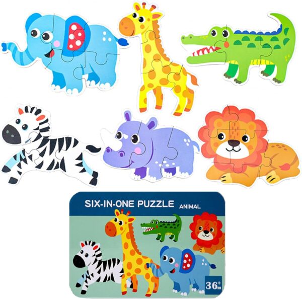 6 Pack Wooden Jigsaw Puzzles for kids 3-6 Year Old, with Iron Box, Animals Puzzles Vehicle Jigsaw, Toddler Children Learning Educational Puzzles Toys Gifts for Kids (Multi A)