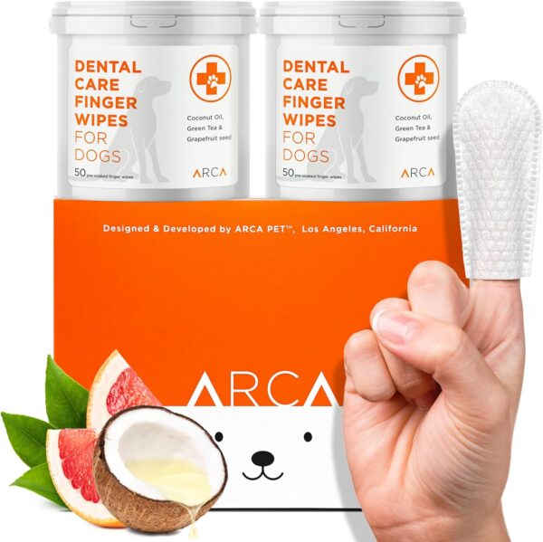 ARCA PET Dental Care Finger Wipes for Dogs - Dog Dental Teeth Cleaning Wipes for Dogs- Pre-Soaked Oral Cleaning Pads- Reduces Plaque, Tartar & Freshen Breath - 100 Disposable Wipes