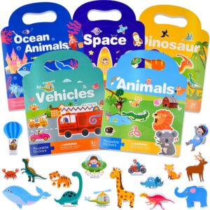 ASTARON 5 Pack Reusable 3D Sticker Scenes Book for 2 3 4 Year Old Toddlers, Jelly Sticker Game Educational Sensory Learning Toy,Travel Stickers and Busy Book,Vehicles, Animals, Dinosaur,Ocean,Space