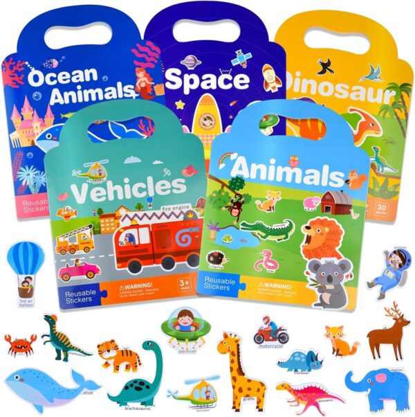 ASTARON 5 Pack Reusable 3D Sticker Scenes Book for 2 3 4 Year Old Toddlers, Jelly Sticker Game Educational Sensory Learning Toy,Travel Stickers and Busy Book,Vehicles, Animals, Dinosaur,Ocean,Space