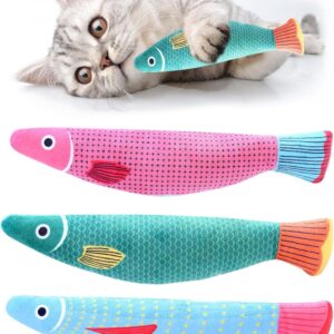 AYNKH Catnip Toys, 3PCS Bite Resistant Kitten Teething Fish Interactive Toy with Bell Inside, Cartoon Plush Cat Chew Toy for Indoor Pets Flopping/Flipping/Moving