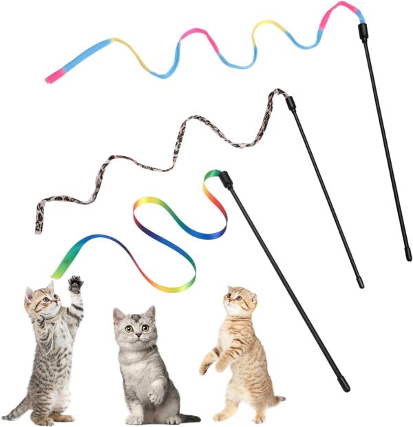 Amaxiu Cat Wand Toy Set, Interactive Cat Wand Toy with Rainbow Ribbon String, Rainbow Cloth String, Leopard Print Cloth String for Small Cats Kittens Indoor Training Catcher(3 Packs)