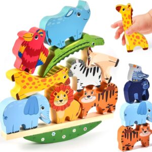 Atoylink Wooden Animal Stacking Toy Building Stacking Blocks Montessori Toy Fine Motor Skills Educational Balance Toy Gift for Kids Toddlers 2 3 4 5 Years