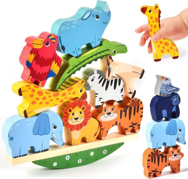 Atoylink Wooden Animal Stacking Toy Building Stacking Blocks Montessori Toy Fine Motor Skills Educational Balance Toy Gift for Kids Toddlers 2 3 4 5 Years