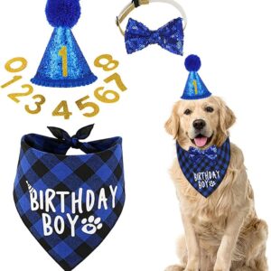 BAYINSHIDM Dog Birthday Party Supplies Bandana Dog Hat Triangle Scarf Cute Dog Bow Tie Collar (Blue)