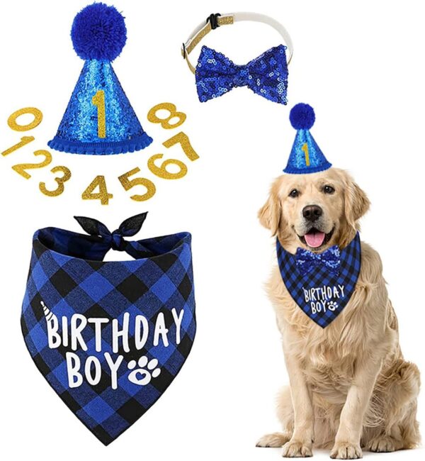 BAYINSHIDM Dog Birthday Party Supplies Bandana Dog Hat Triangle Scarf Cute Dog Bow Tie Collar (Blue)