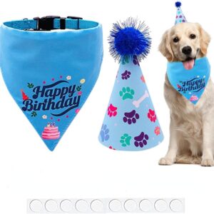 BIPY Blue Birthday Hat and Banadana Set with Collar For Meduim Large Dogs Reusable Headwear Caps Cat and Dog Celebration Birthday Decoration Pet Birthday Party Supplies