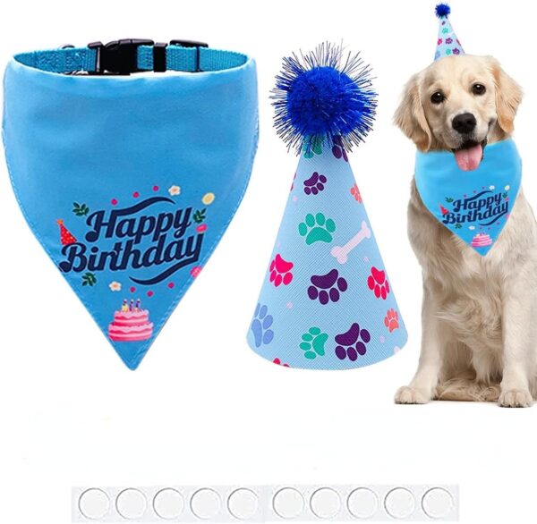 BIPY Blue Birthday Hat and Banadana Set with Collar For Meduim Large Dogs Reusable Headwear Caps Cat and Dog Celebration Birthday Decoration Pet Birthday Party Supplies