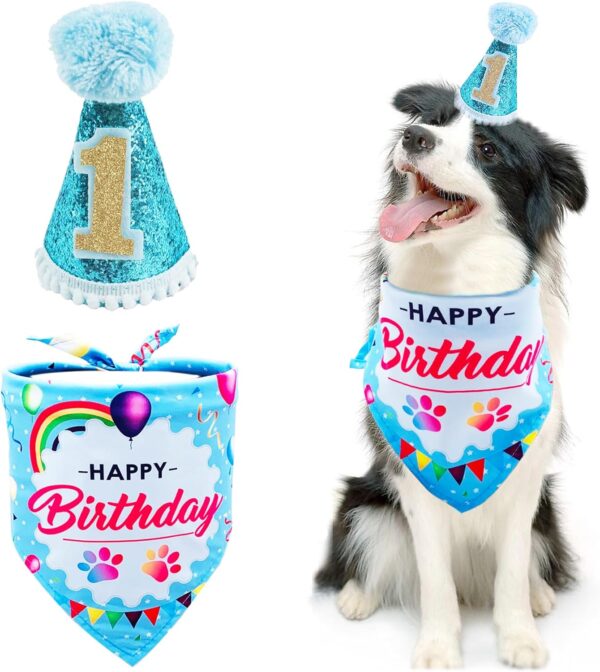 BIPY Dog 1st Birthday Hat Bandana Set for Boys Small Medium Dogs Cats Soft Bibs Doggy Party Grooming Supplies Celebration Birthday Bandana Shipped Randomly