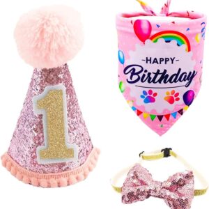 BIPY Pink Dog 1st Birthday Hat Bandana Bowtie for Girls Small Medium Dogs Cats Soft Bibs Doggy Party Supplies Adjustable Pet Collar Bowtie Celebration Pet Birthday Neckerchief Set