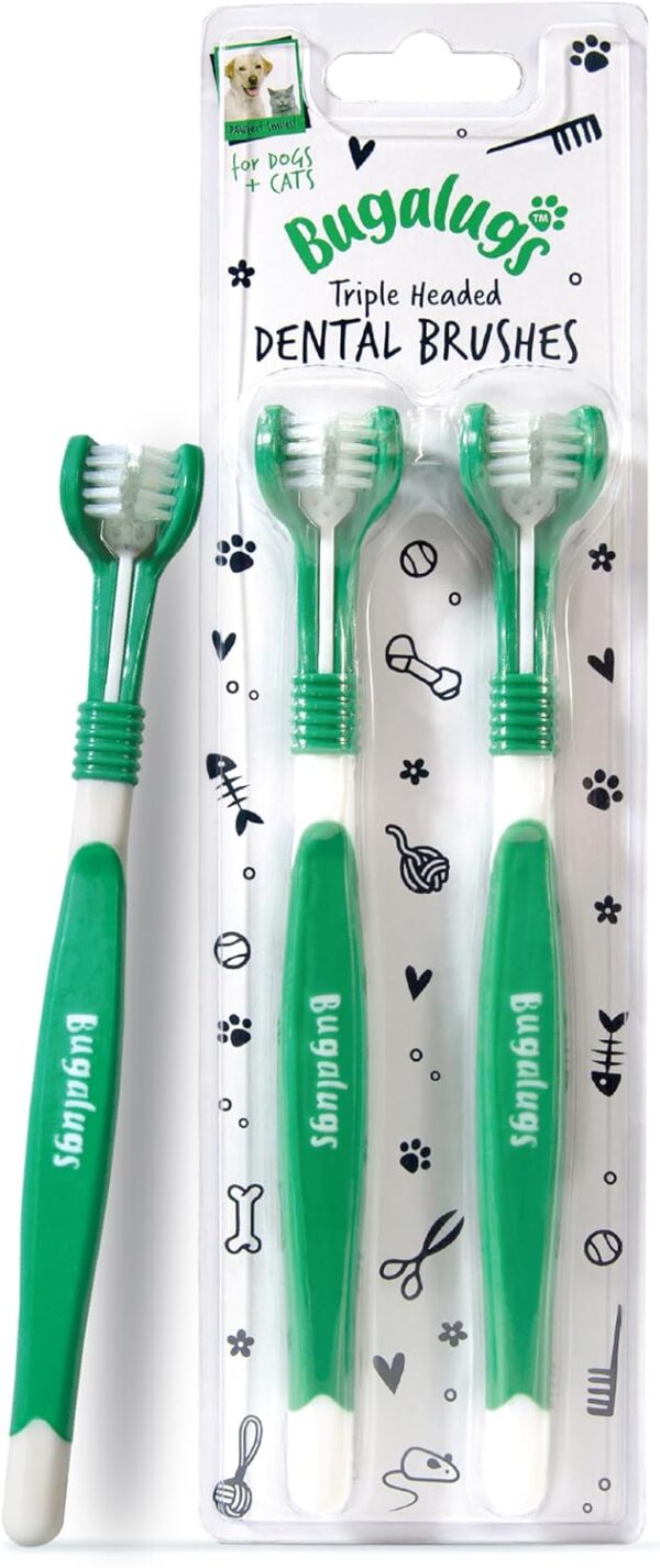 BUGALUGS Dog Toothbrush & Cat Toothbrush Triple Headed Dog Plaque Remover, Our Dental Dog Teeth Cleaning Products Makes Dog Teeth Cleaning Easier with Dog Toothpaste & Cat Toothpaste