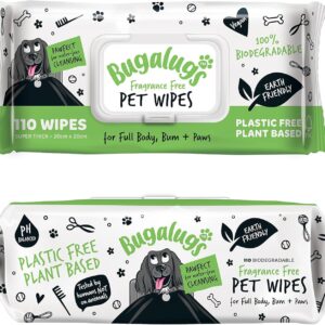 BUGALUGS Dog Wipes, 100% Plastic Free Biodegradable pet wipes for full body, eye wipes, ear wipes, bum & paws. 110 sensitive dog grooming wipes for dogs, puppy & cat grooming (Fragrance Free)